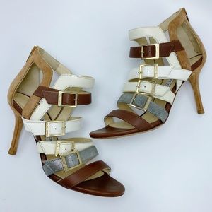 Jimmy Choo 36.5 Bubble Gladiator Brown Tan Multi Suede & Leather Buckle Sandal